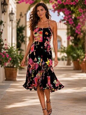 JULIEN MACDONALD of LONDON Floral Black Halter Dress